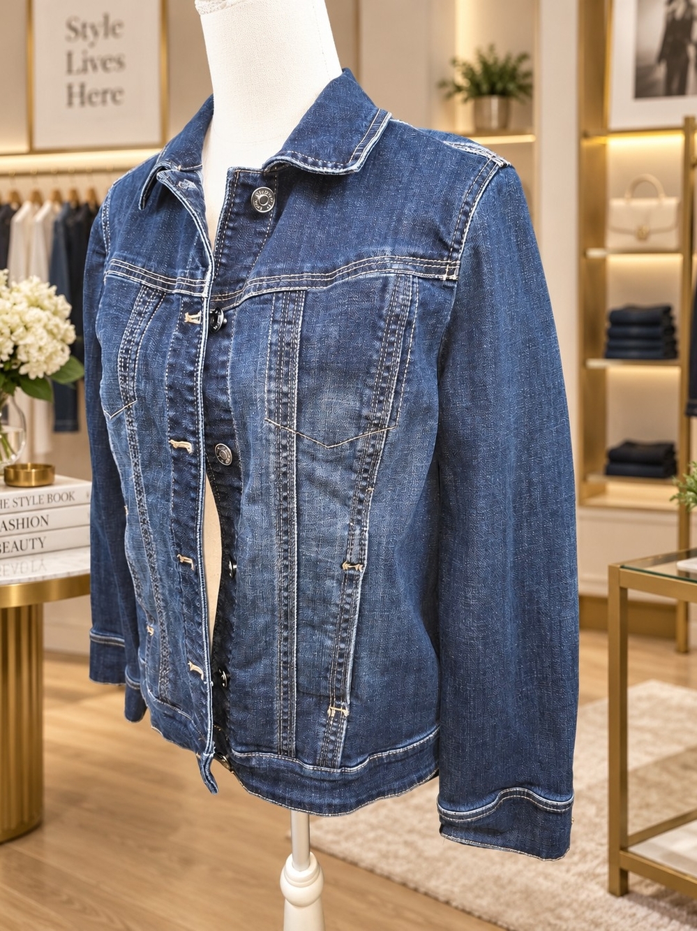 Chico’s Size 1 M 8/10 Dark Wash Denim Jean Jacket Classic Button Front - Picture 3 of 6